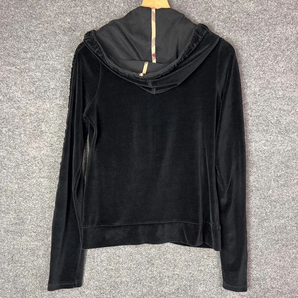 Burberry Hoodie Women Size M Black Excellent Velour Full Zip Ruffle Sleeve Brit - Picture 2 of 9